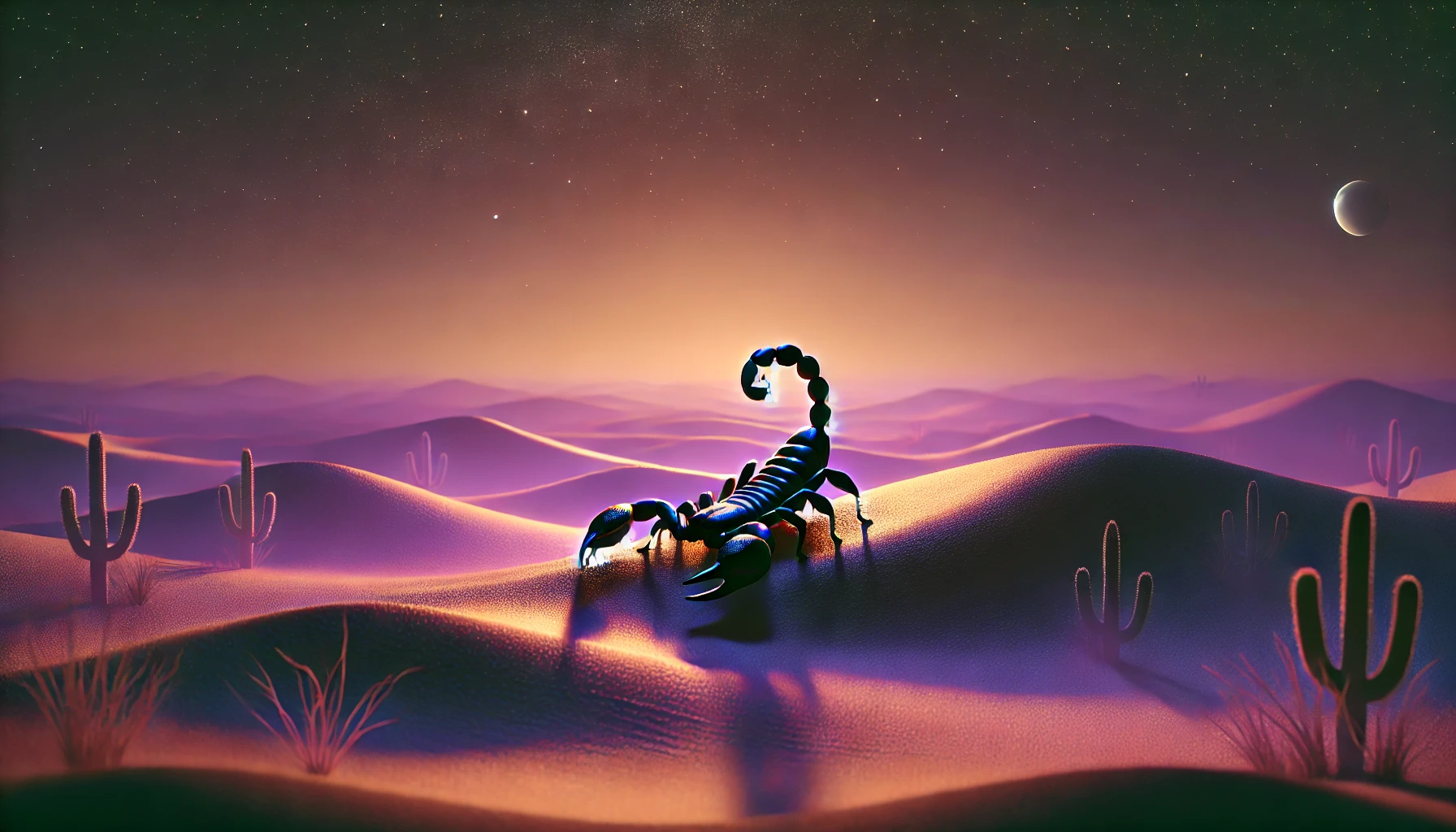 Un scorpion 3D într-un peisaj deșertic la apus, traversând dune de nisip strălucitor, sub un cer pastelat de portocaliu și violet, cu umbre lungi care creează o atmosferă liniștită dar plină de mister.